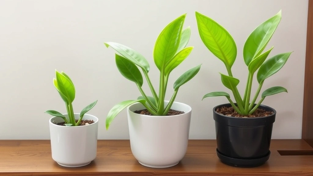 Three small potted snake plant propagations at different growth stages, from fresh cuttings to established young plants with new leaf growth, arranged on wooden shelf