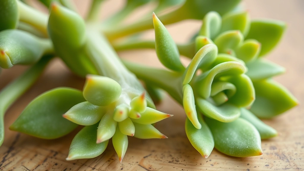 Close-up of healthy succulent leaves being gently removed from a jade plant, showing the base of the leaf with callused ends on a wooden surface