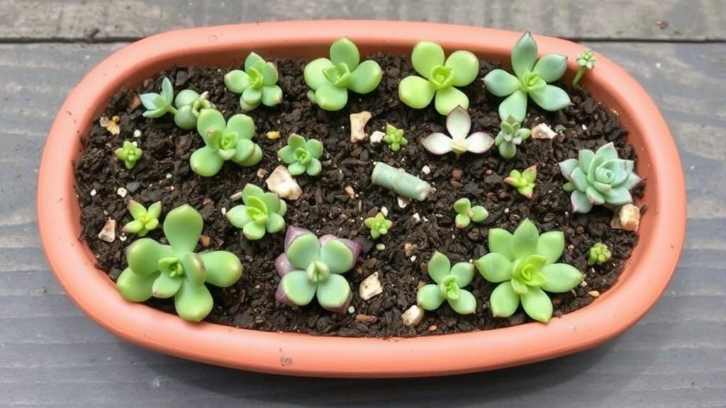 Shallow terracotta tray filled with well-draining succulent soil containing multiple small succulent leaves and cuttings at various propagation stages