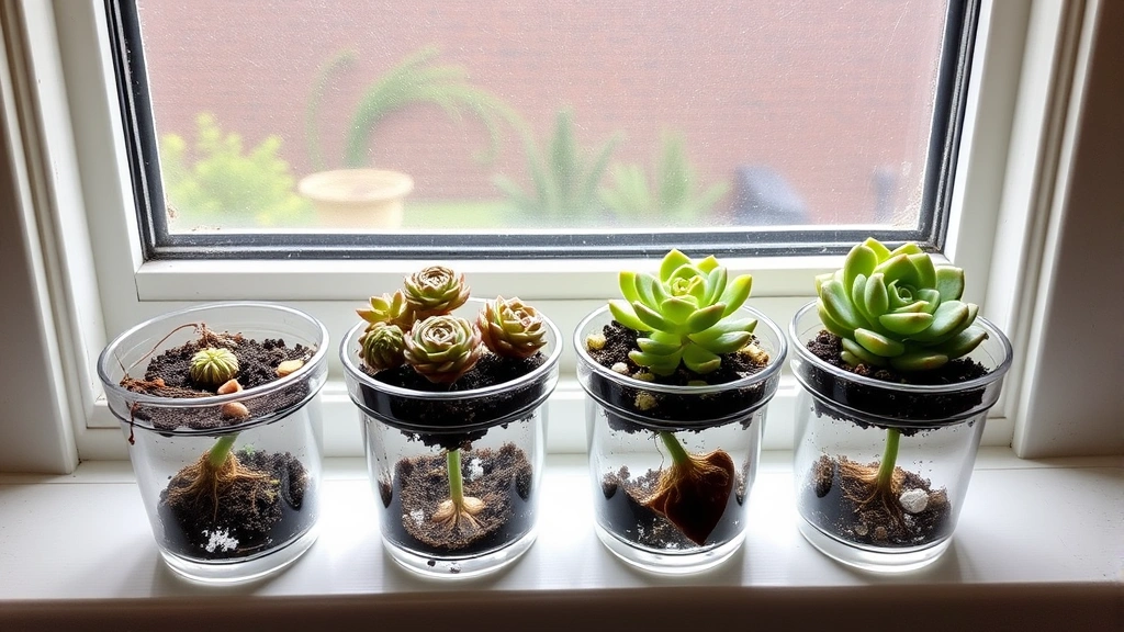 Bright windowsill displaying small propagation containers with developing baby succulents showing tiny rosettes and root formation in clear glass containers