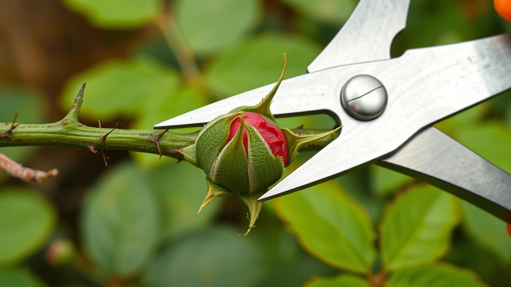 Close-up of bypass pruning shears cutting a rose cane at a 45-degree angle above a bud eye, with thorny stems and fresh green growth visible