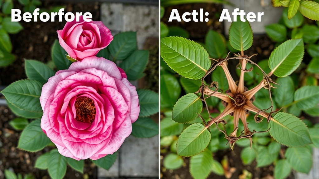 Overhead view of a hybrid tea rose plant before and after pruning, showing removed dead wood and open vase-like structure with air circulation
