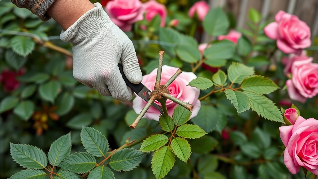 Gardener wearing leather gloves removing crossing canes from the center of a rose bush, demonstrating proper technique and plant opening