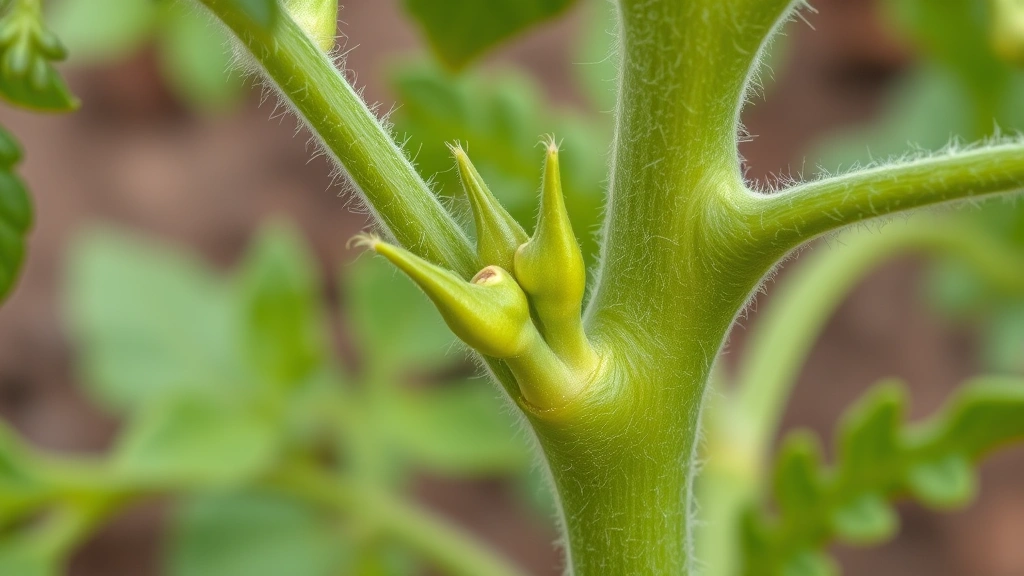 Close-up of a tomato plant sucker emerging from the V-shaped crotch between main stem and branch, showing tender green growth against blurred foliage background