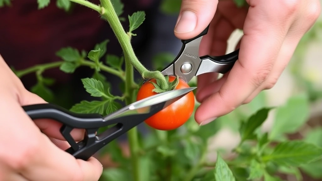 Hands using sharp bypass pruning shears to remove a small sucker from an indeterminate tomato plant, demonstrating proper cutting technique near a leaf node