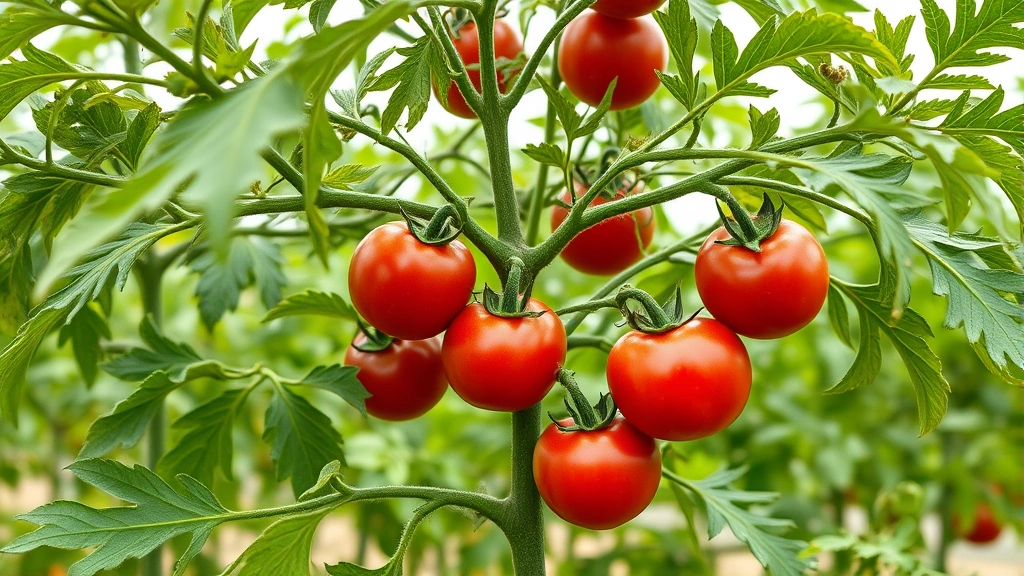 Wide shot of a well-pruned indeterminate tomato plant with open canopy structure, visible ripening red tomatoes, and clear air circulation between stems and branches