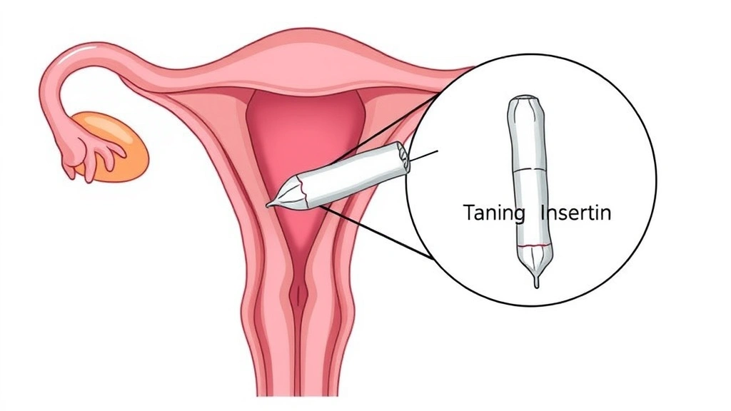 Illustration-style anatomical diagram showing tampon insertion angle and vaginal anatomy, medical educational visual, no labels or text