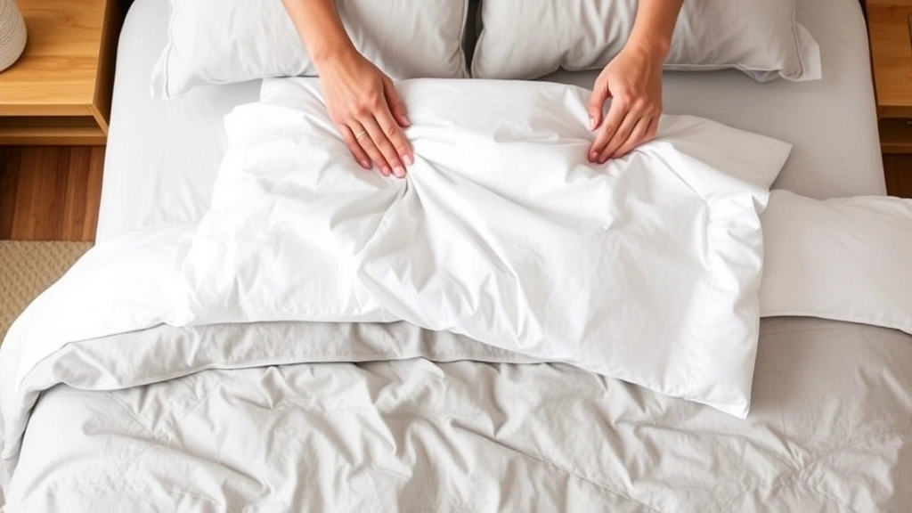 Hands carefully folding a white duvet cover on a bed, showing the inside-out corner technique with a neutral gray comforter visible