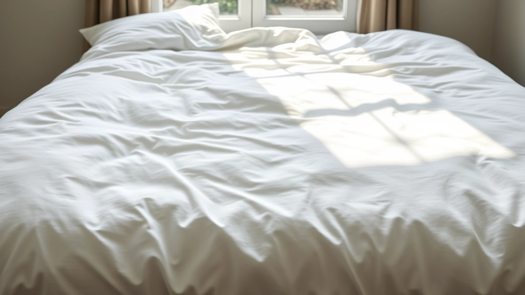 Wide shot of a perfectly fitted duvet cover on a bed with crisp corners and smooth fabric, natural morning light from window