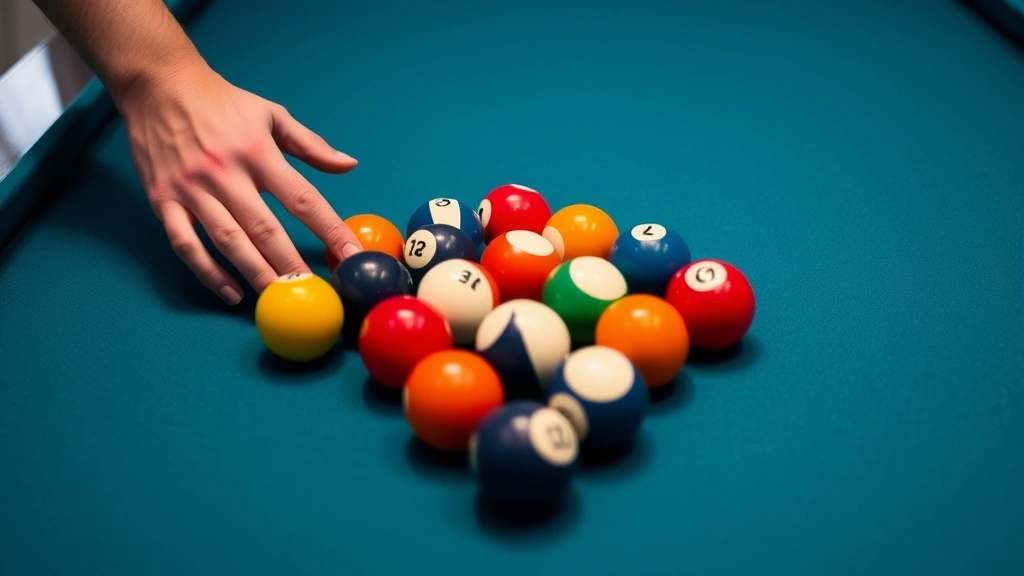 Hands carefully positioning colored pool balls into a tight diamond-shaped formation on a professional pool table, demonstrating proper 9-ball racking technique