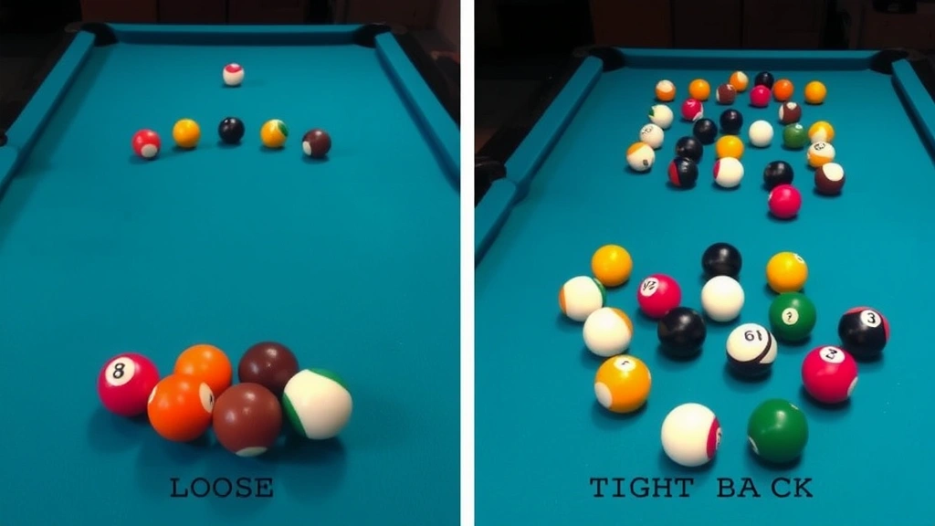 Side-by-side comparison of a loose pool ball rack and a tight pool ball rack on a pool table, highlighting the difference in ball arrangement and spacing