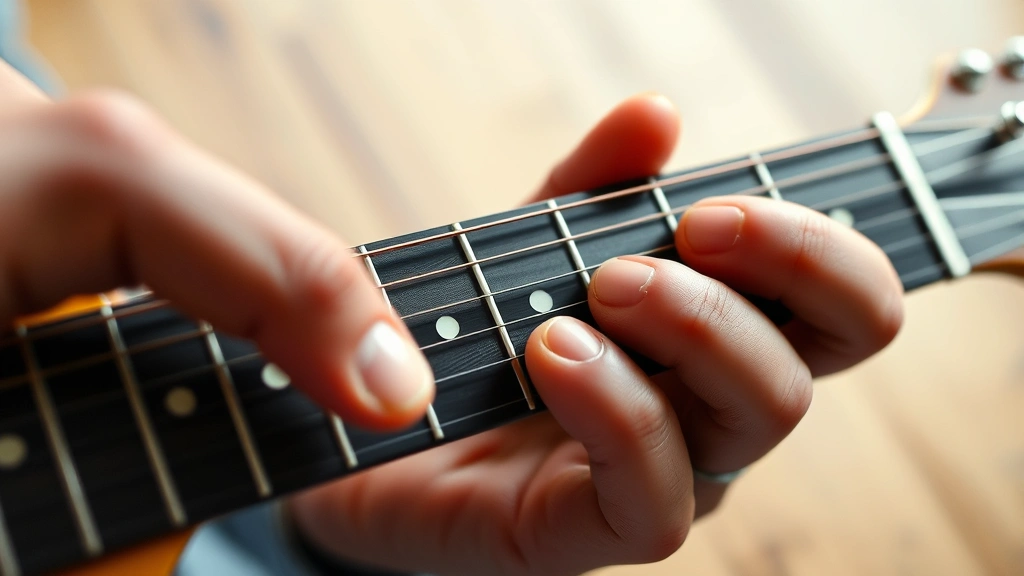 Close-up of guitarist's hand pressing frets on wooden guitar fretboard with numbered fret markers visible, natural lighting from above