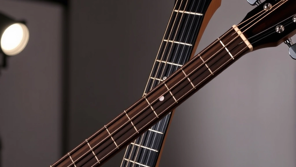 Acoustic guitar neck positioned at angle showing all six strings with fret indicators, professional studio lighting background