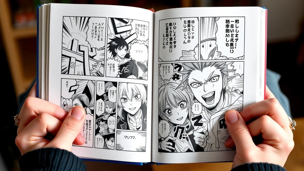 Close-up of hands holding an open manga book showing detailed black and white artwork with dynamic action panels and expressive character faces