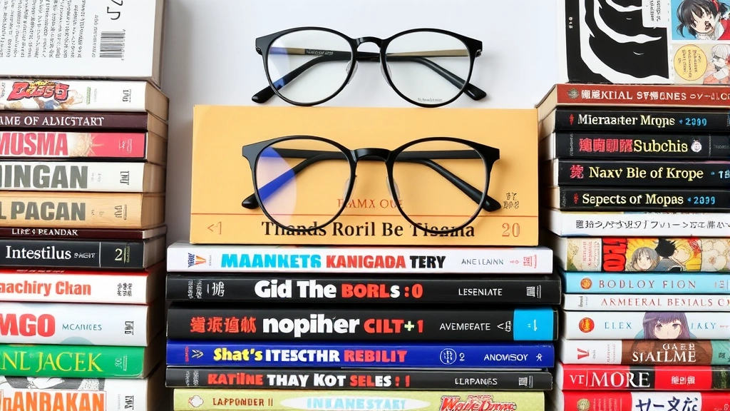 Flat lay arrangement of stacked manga volumes in various colors displaying their spines, with reading glasses resting on top