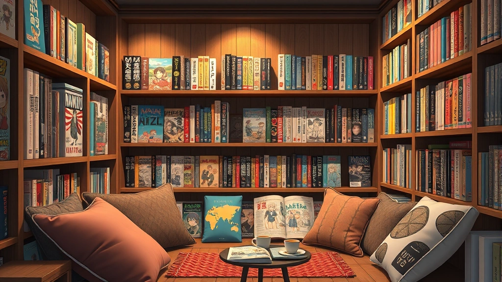 Wide shot of a cozy reading nook with manga volumes organized on wooden shelves, warm lighting, comfortable cushions, and a cup of tea nearby