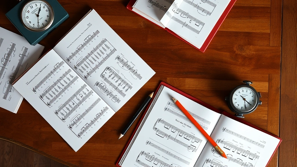 Overhead view of sheet music pages spread open on a wooden desk with a pencil and metronome nearby, natural lighting