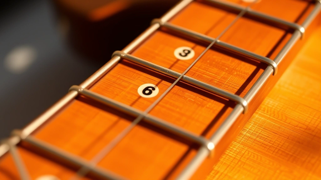 Close-up of a guitar fretboard showing numbered frets from 1 to 12, with clear string lines and fret markers, warm natural lighting highlighting the wood grain