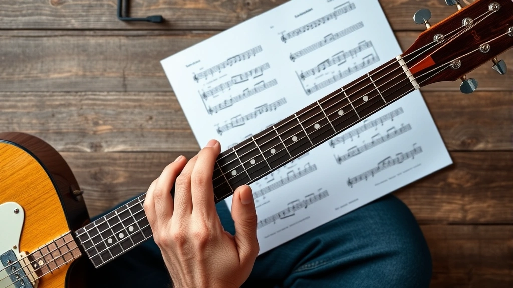 Overhead view of a person's hands positioned on a guitar neck, fingers on different frets creating a chord, with sheet music and tab notation visible on paper beside the instrument