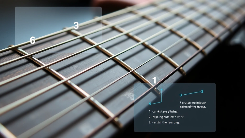 Detailed macro photography of guitar strings and frets with numbered overlay visualization, showing how tabs correspond to physical finger placement on the instrument