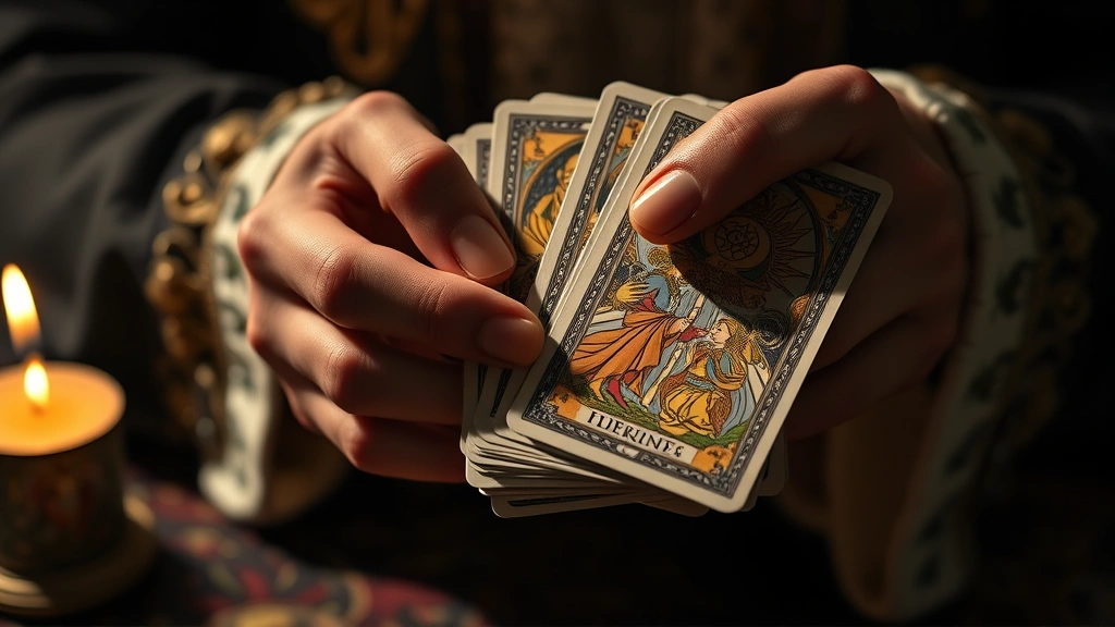 Close-up of hands shuffling ornate tarot deck with detailed card illustrations visible, soft candlelight creating shadows