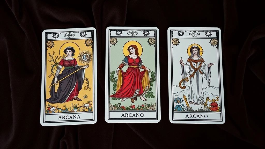 Three tarot cards laid out in a row on velvet cloth, each card showing different arcana with symbolic imagery, shallow depth of field