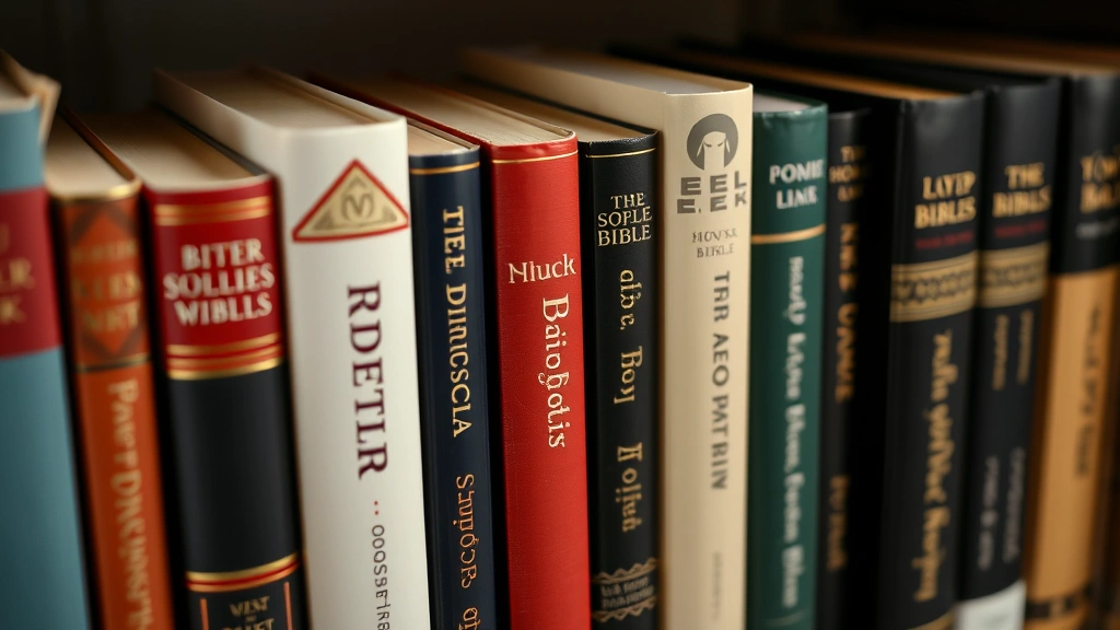 Close-up of different colored Bible books and religious texts arranged on a shelf, showing spine labels and various translations, organized library style