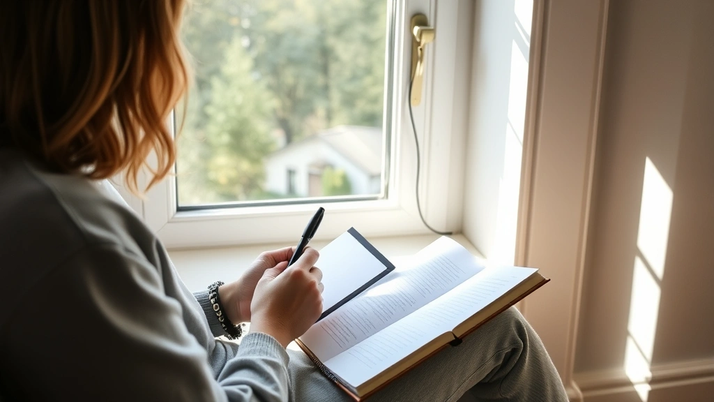 Person sitting in natural window light taking notes in a journal while holding an open book, peaceful contemplative home study environment