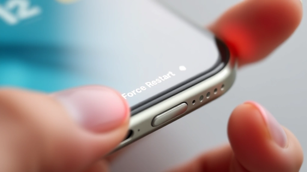 Close-up of iPhone side button and volume buttons highlighted with soft glowing indicators, showing hand position for force restart gesture