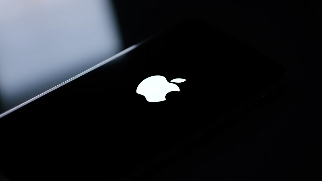 iPhone screen displaying Apple logo during boot-up process, centered on black background with subtle lighting effects
