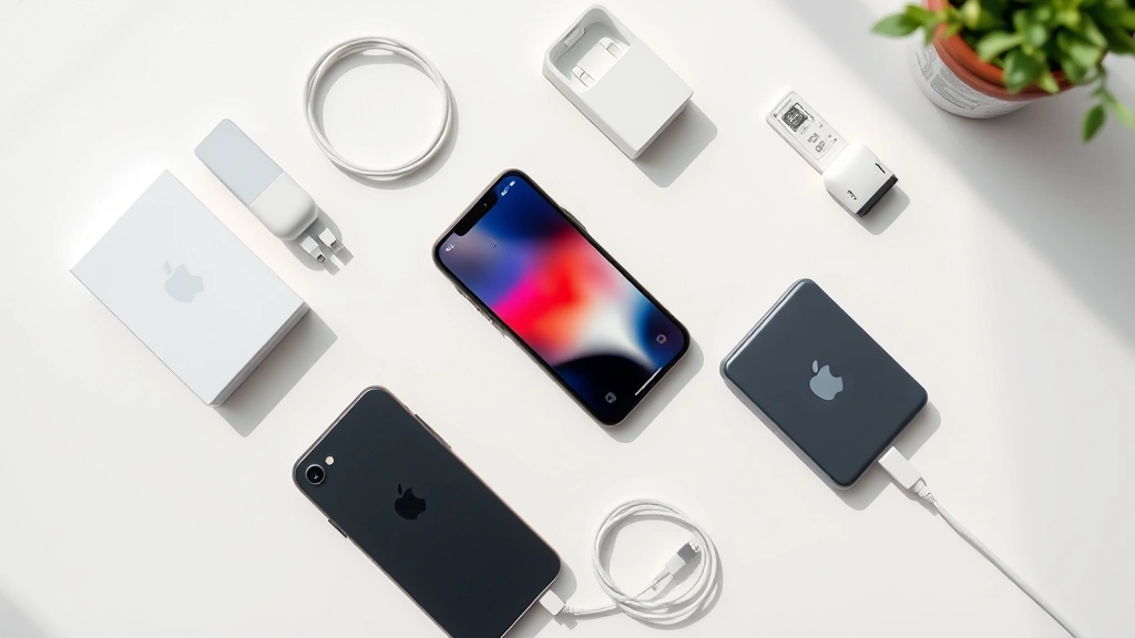 Organized flat lay of iPhone with charging cable, showing complete device and accessories in modern minimalist setting with natural lighting