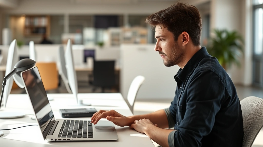Person sitting at desk with laptop, looking concerned at computer screen, hand near keyboard in office environment with natural lighting