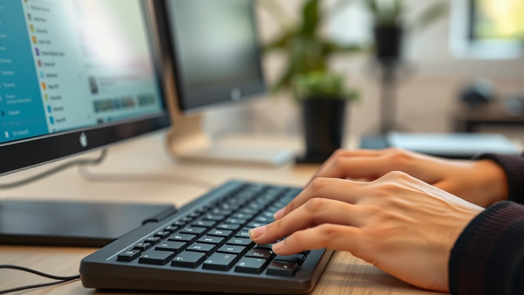Close-up view of hands typing on keyboard with Outlook email interface visible on monitor screen, professional workspace setting