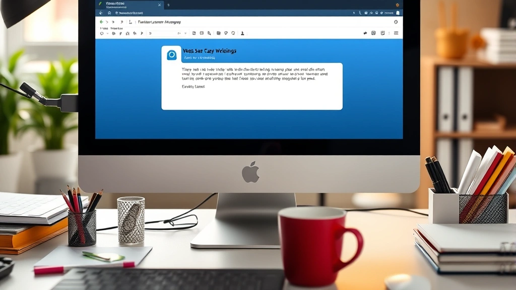 Desktop computer showing email inbox with message highlighted, desk with office supplies and coffee cup, warm indoor lighting