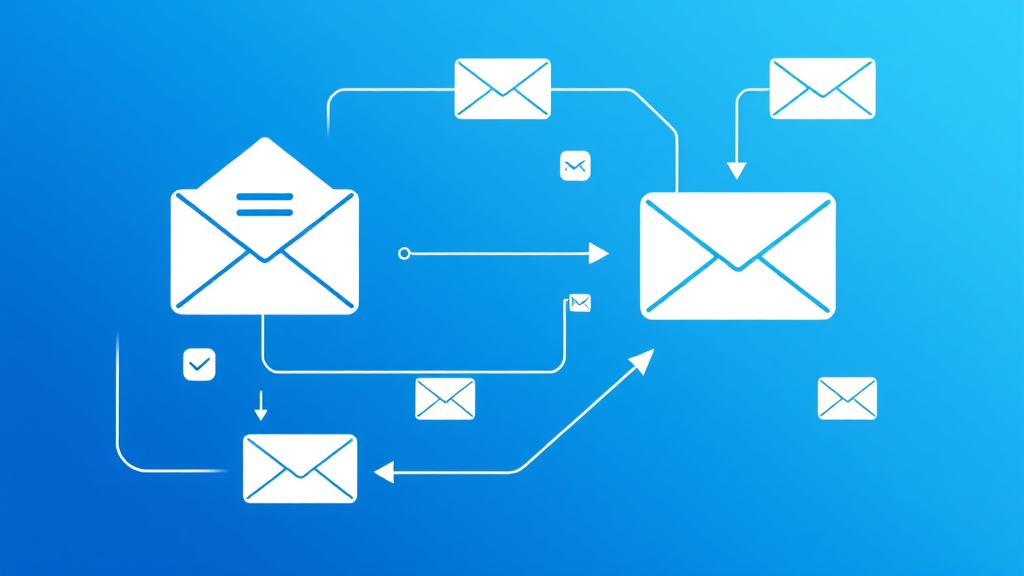 Abstract representation of email communication flow with correction and management elements, blue and white color scheme, no text no words no letters