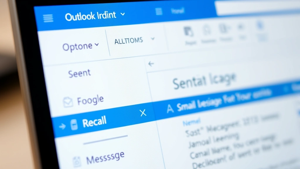 Close-up of computer screen showing Outlook inbox interface with sent folder highlighted and email message selected for recall action