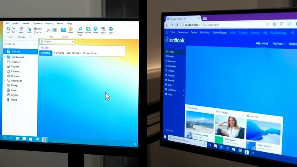 Split-screen comparison showing desktop Outlook window open on left side with file menu visible and web browser Outlook interface on right side