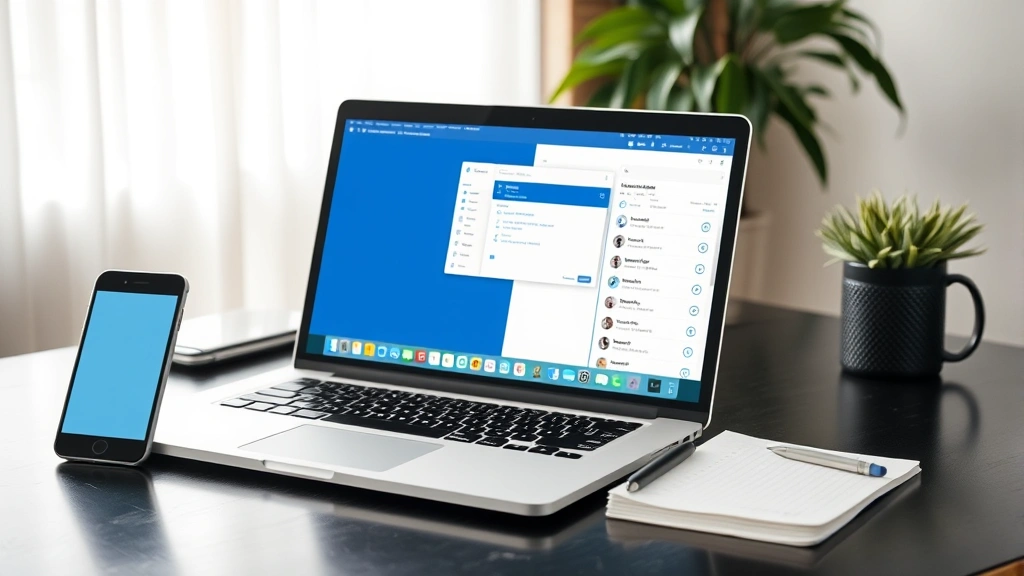 Professional workspace desk with laptop displaying Outlook email application, smartphone nearby showing mobile email app, and notepad with checklist