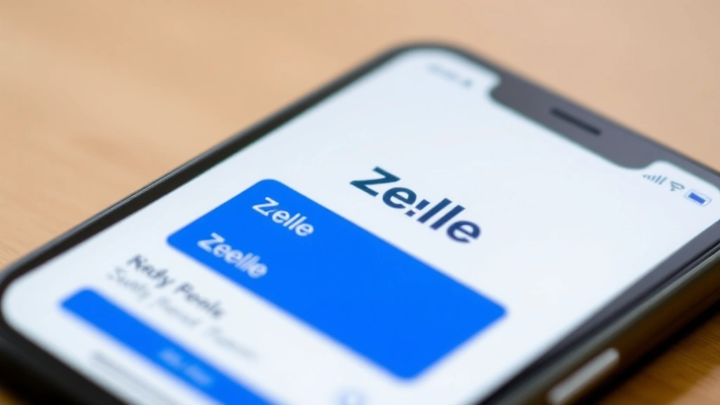 Close-up of smartphone screen showing mobile banking app with Zelle payment interface, modern minimalist design with blue and white colors