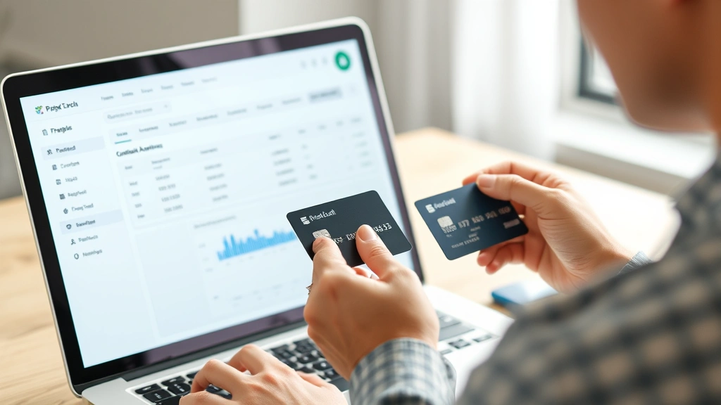 Person holding credit card while looking at laptop displaying digital payment dashboard with transaction history and account details