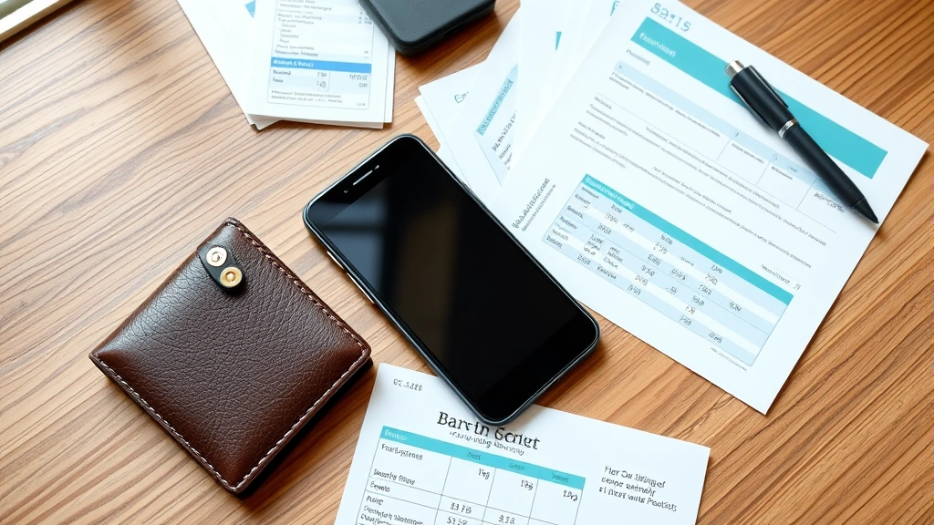 Flat lay of wallet, smartphone, and banking documents arranged on wooden desk with natural lighting from window