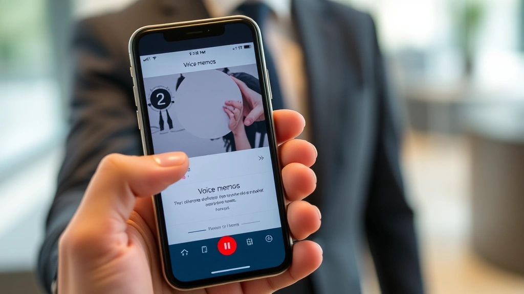 Person holding iPhone in landscape mode with Voice Memos app open, recording interface visible with red record button, professional business setting background