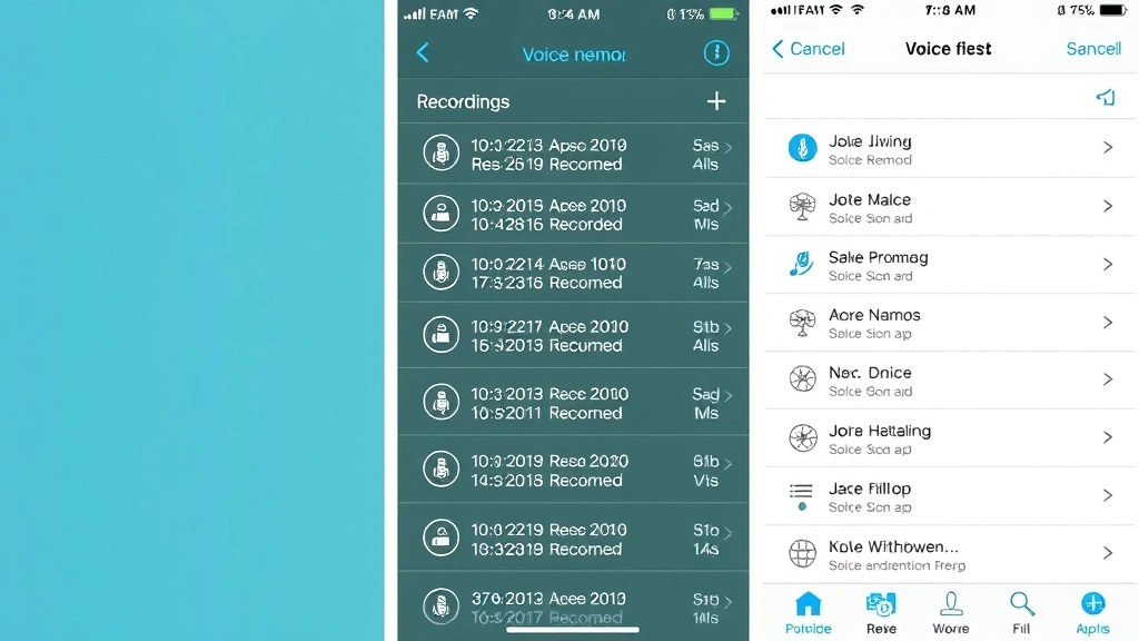 iPhone Voice Memos app displaying list of saved recordings with timestamps and durations, clean interface showing storage organization and file management system
