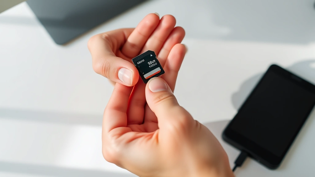 Close-up of hands holding a microSD card and SD card adapter against a clean white desk with a card reader nearby, natural lighting highlighting the card details