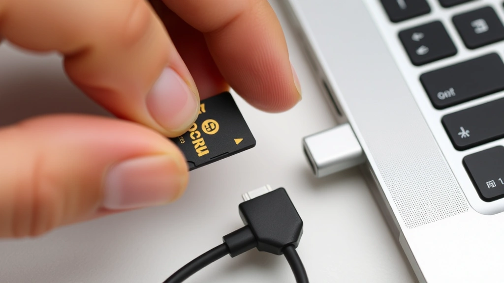 Close-up of hands inserting a microSD card into a USB card reader adapter connected to a laptop computer, showing the small gold contacts clearly visible on the card