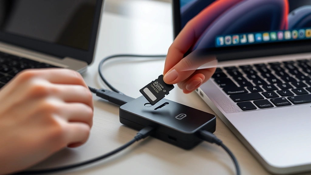 Person inserting an SD card into a card reader connected to a laptop, showing the insertion angle and process, modern workspace background