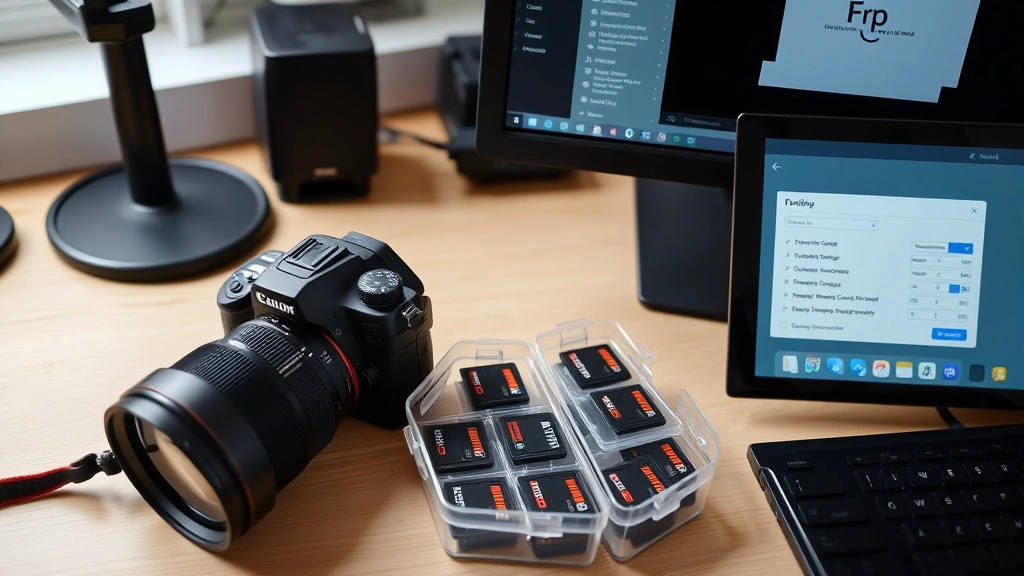 A photography workspace with a professional DSLR camera, multiple SD cards organized in a clear case, and a computer monitor displaying a formatting dialog box