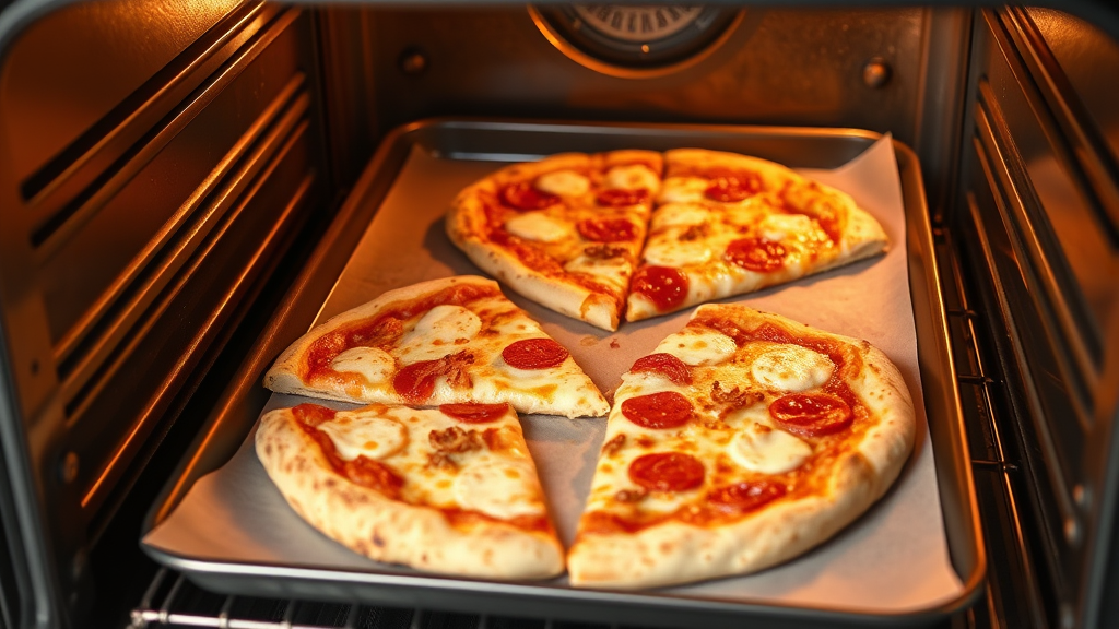 Golden crispy pizza slices on baking sheet inside warm oven, no text no words no letters