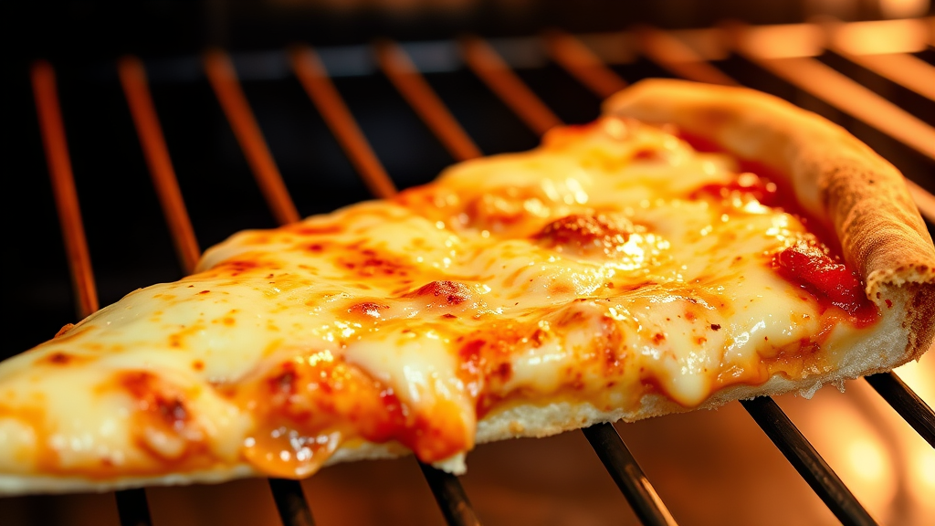 Close up pizza slice with melted cheese and crispy crust on oven rack, no text no words no letters