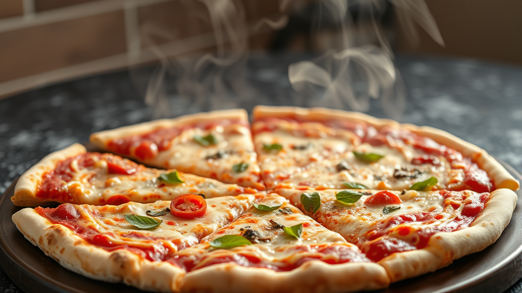 Multiple pizza slices arranged on pizza stone with steam rising, no text no words no letters